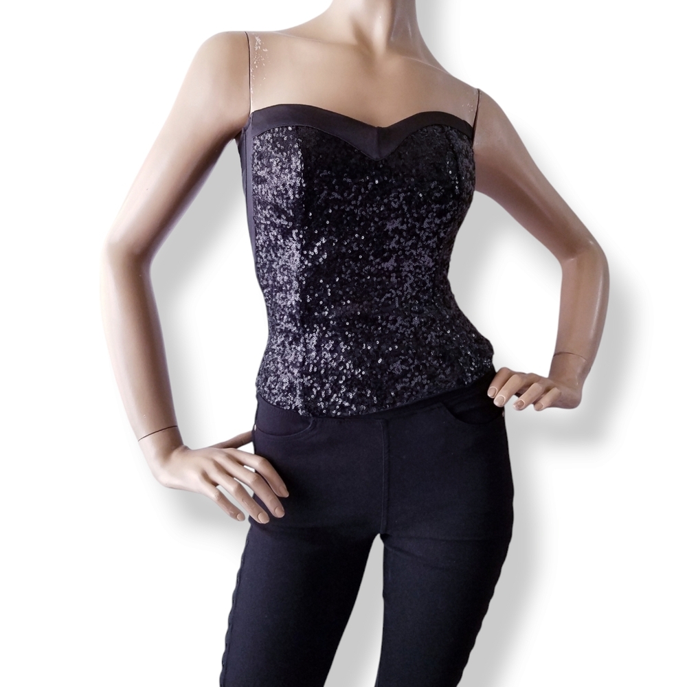 Charlotte Russe Black Sequin Satin Fitted Bustier Top Size XS